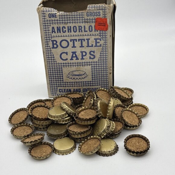 ANTIQUE ANCHORLOK OLD STOCK CORK LINED BOTTLE CAPS ONE GROSS 60+ Box Damaged - Picture 2 of 6